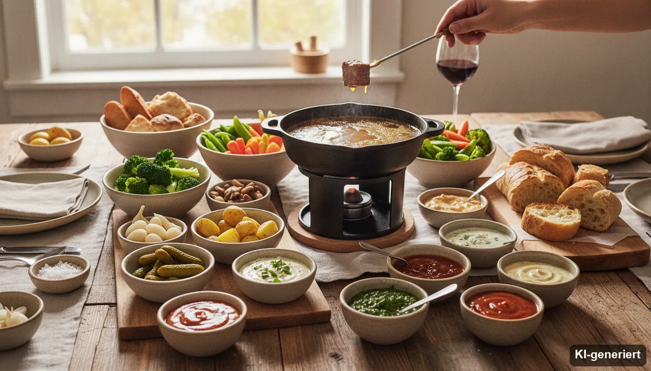 Fleischfondue Beilagen & Soßen - Was passt dazu? (KI-generiertes Bild)