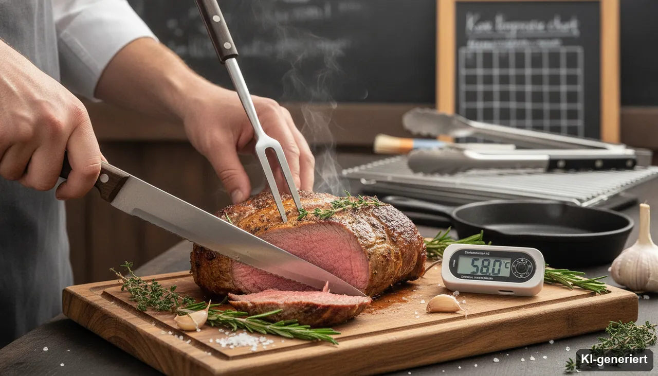 Niedrigtemperatur Garen - Anleitung: Braten sanft bei Niedertemperatur garen (KI-generiertes Bild)